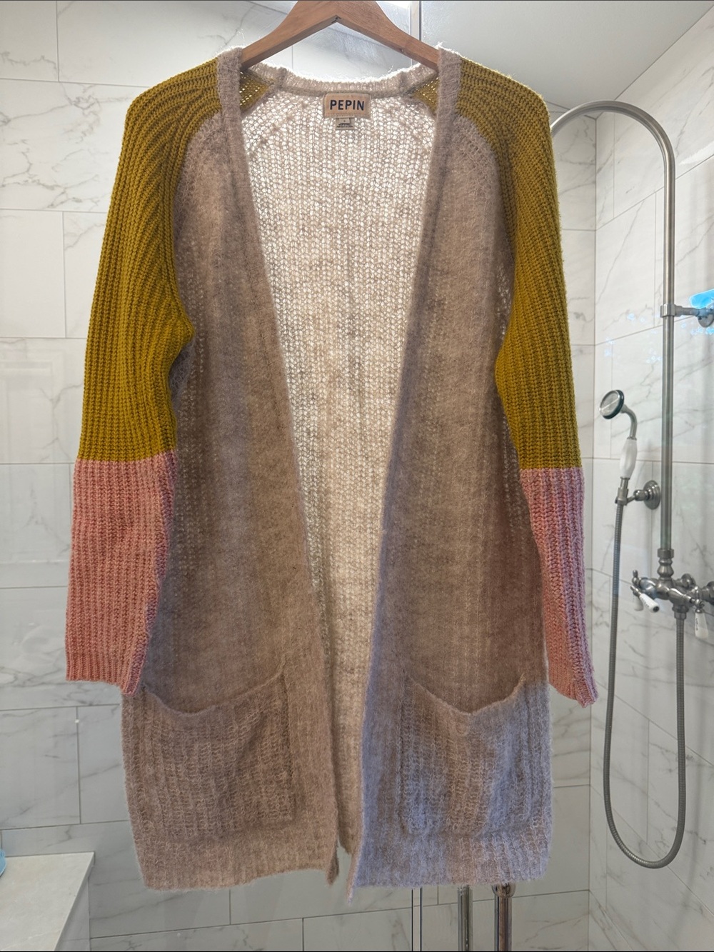 Anthropologie Pepin Colorblock Open-Front Cardigan in Olive, Pink & Taupe